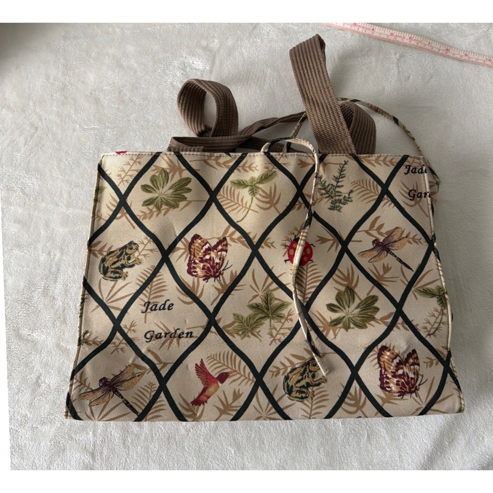 Jade Garden Nature Tapestry Tote Bag Butterfly Frog Dragonfly Lattice Tan Brown